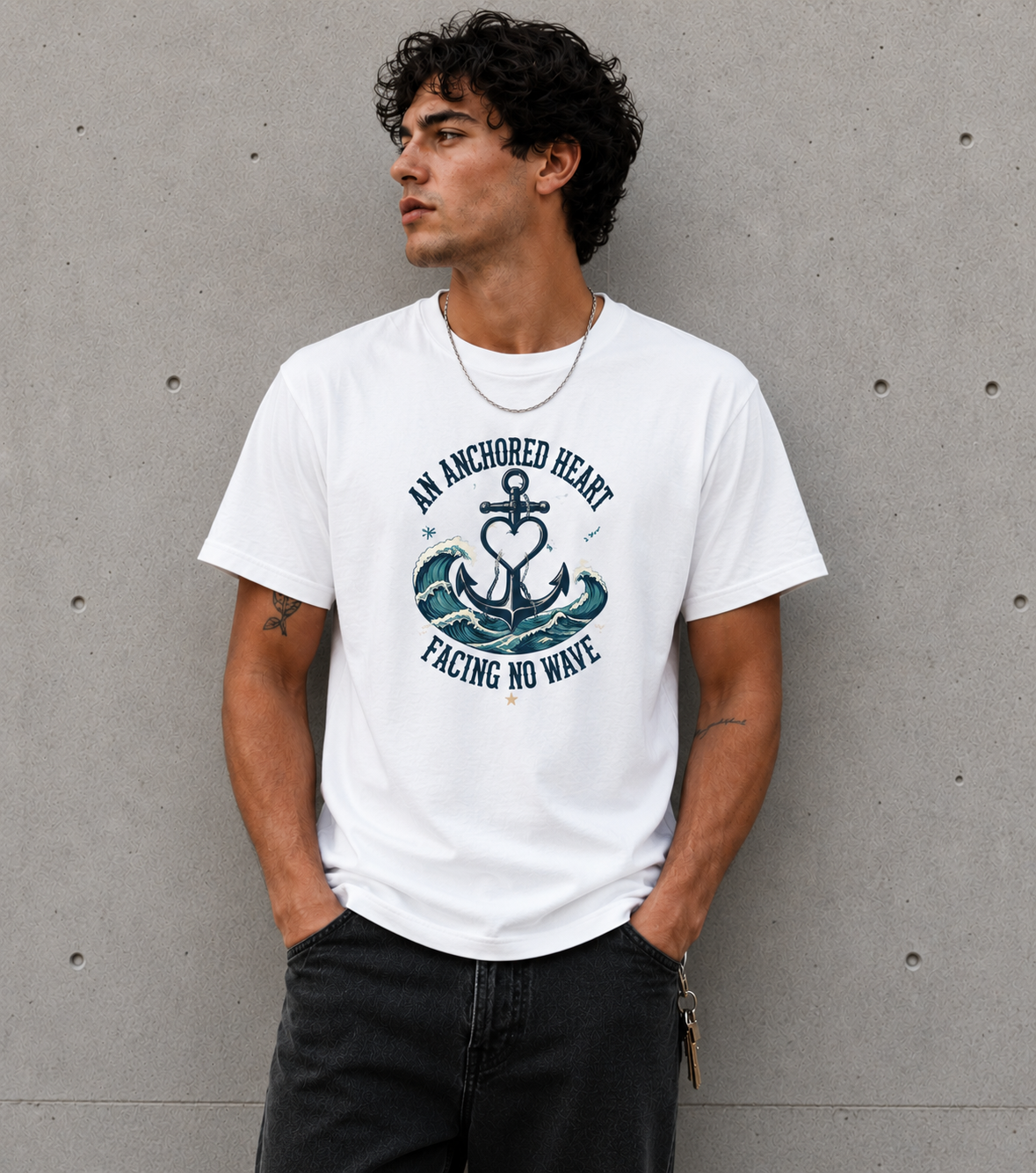 An Anchored Heart Fearing No Wave Inspirational T-Shirt Design
