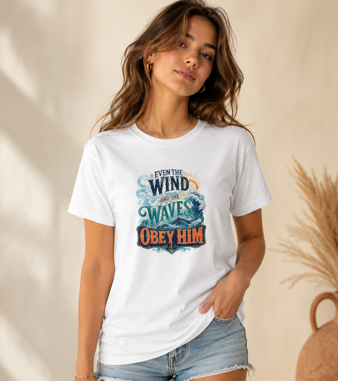 Even the Wind and Waves Obey Him Christian Graphic T-Shirt