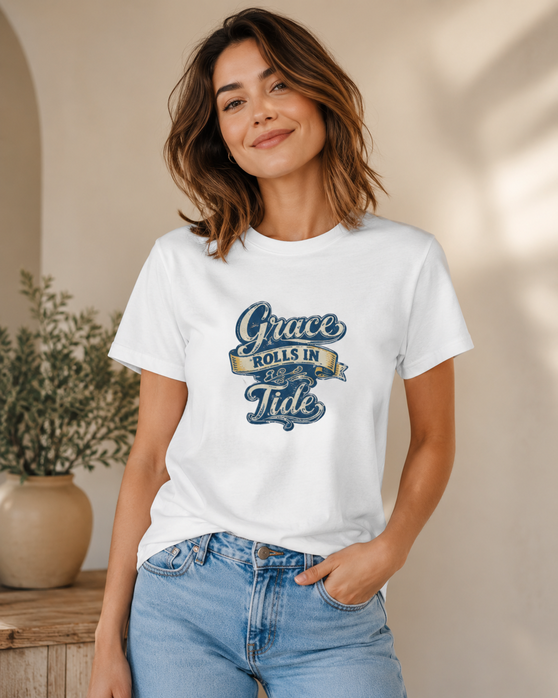 Grace Rolls In Like the Tide Christian Graphic T-Shirt
